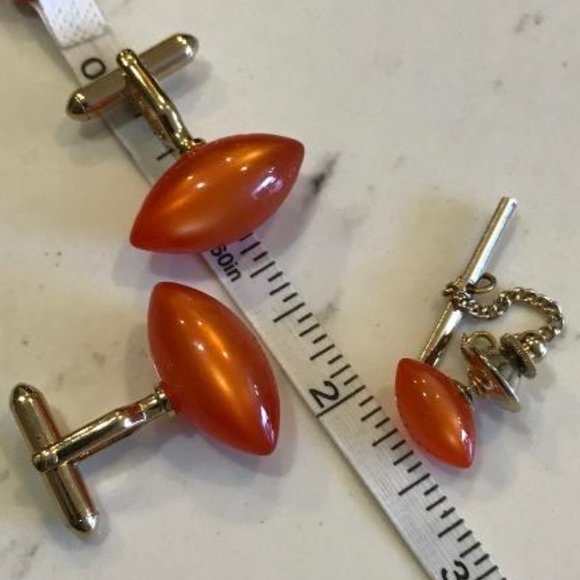 Swank Orange Moon Glow Cuff Links & Tie Tack - Picture 4 of 6